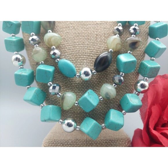 Silver Tone Faux Turquoise Statement Necklace Multi Strand Beaded Collar 21" - Picture 3 of 11